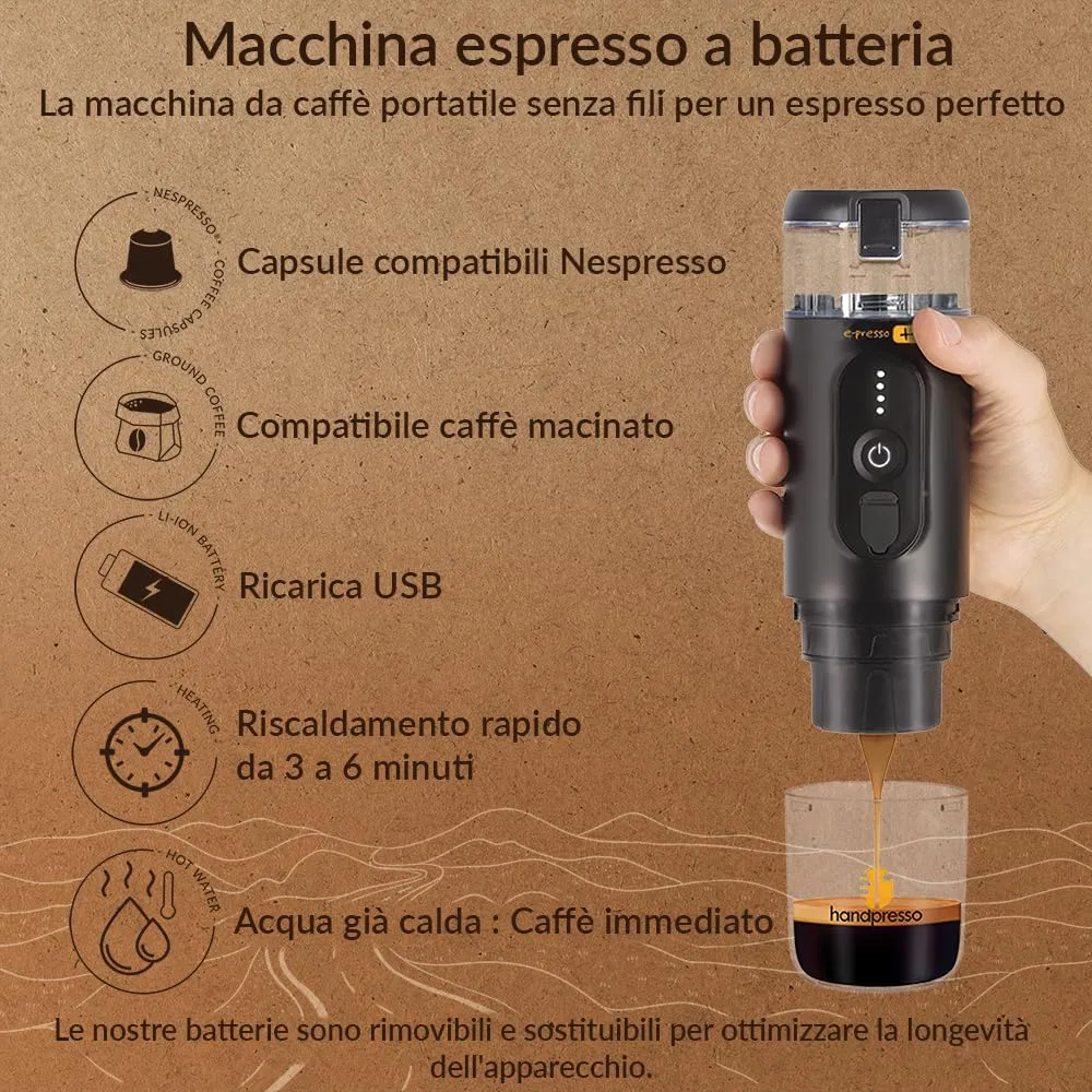 Handpresso E-Presso+ macchina caffè batteria 110 ml valigetta