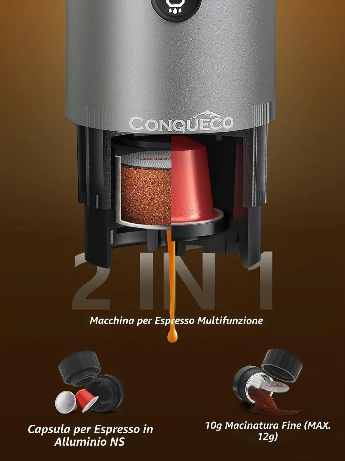 Conqueco macchina caffè espresso portatile 80 ml alluminio 15 bar