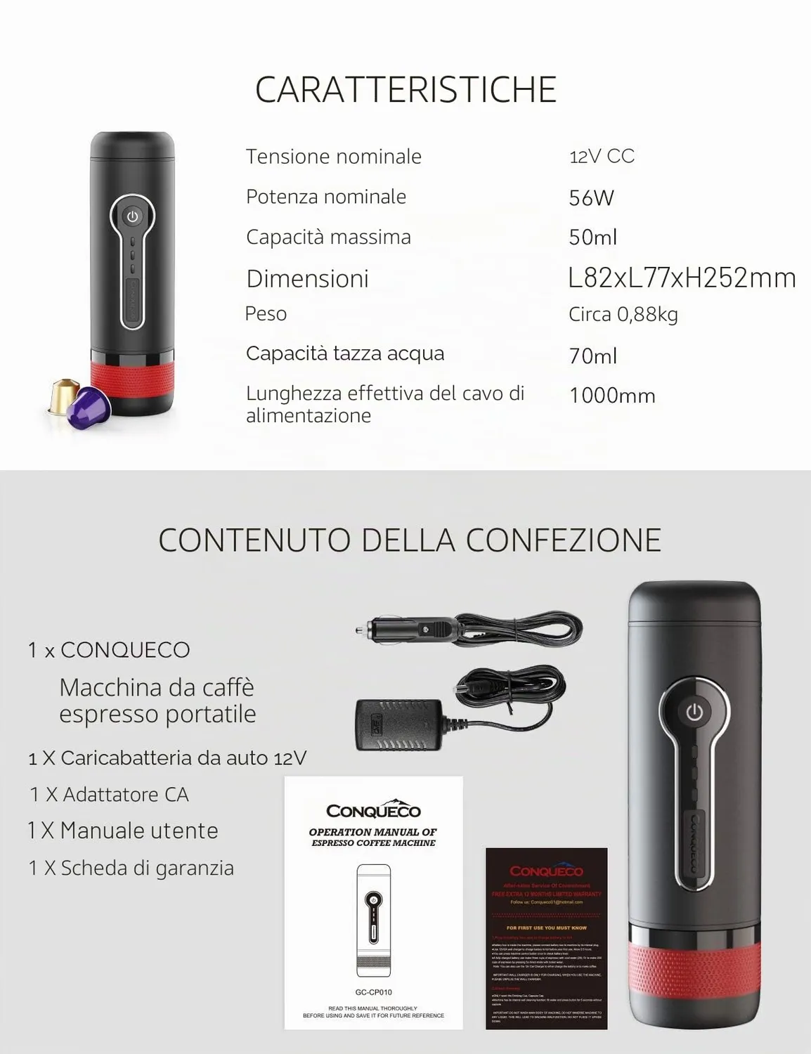 Conqueco 12V macchina espresso portatile 15 bar con borsa