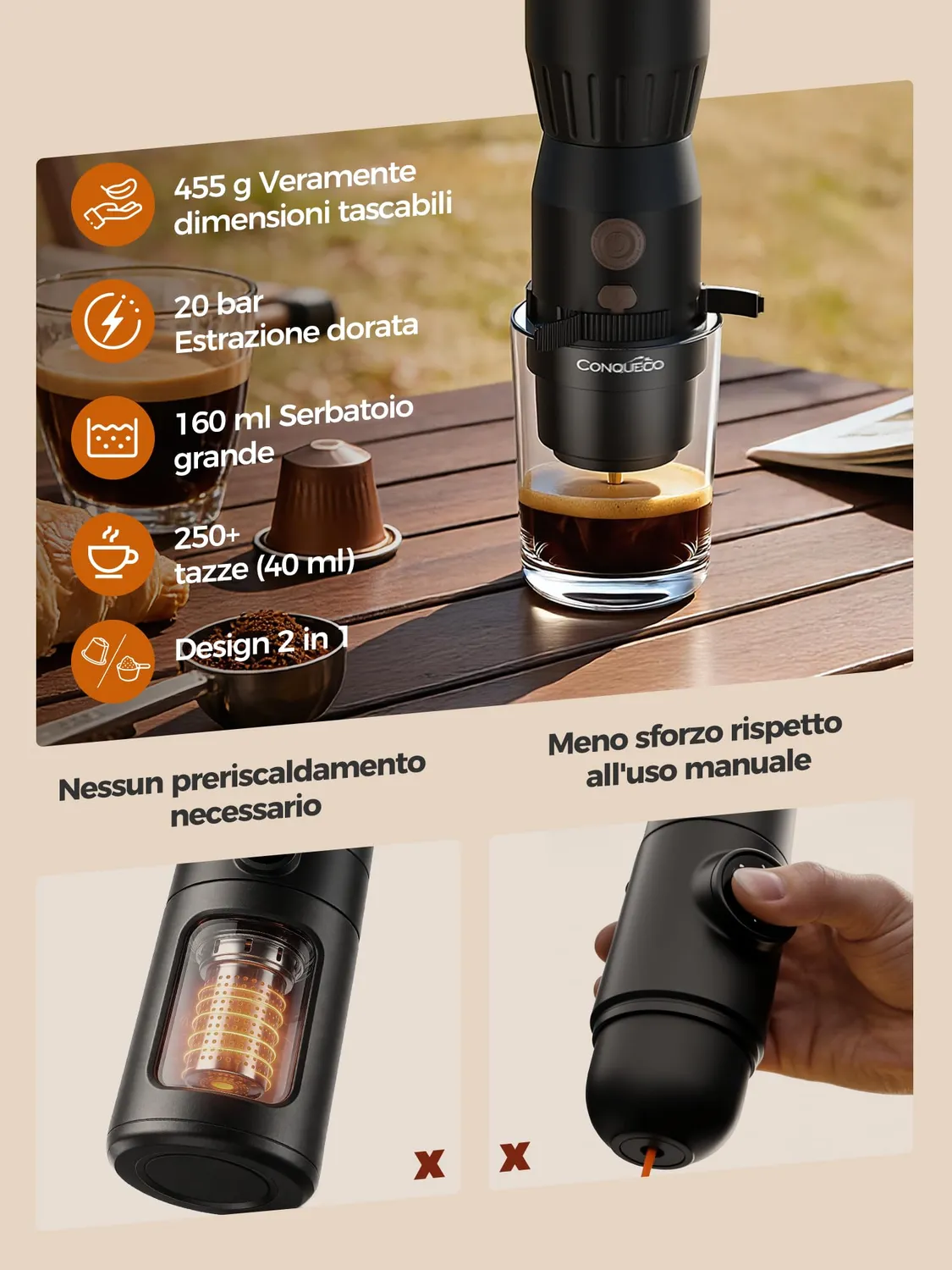 Conqueco 2in1 macchina caffè portatile 160 ml