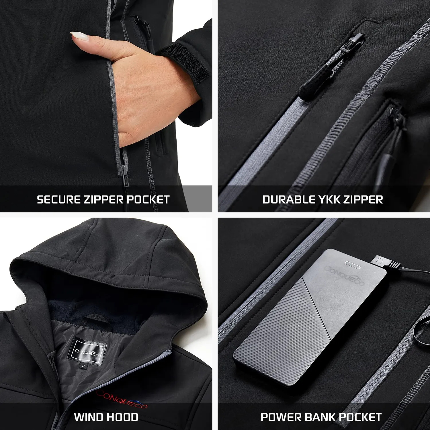 Conqueco giacca riscaldata donna softshell impermeabile carbonio