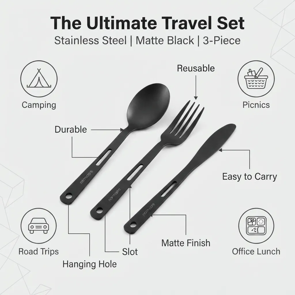 Normcore Camping Set Posate Acciaio Inox Nero 3 Pezzi