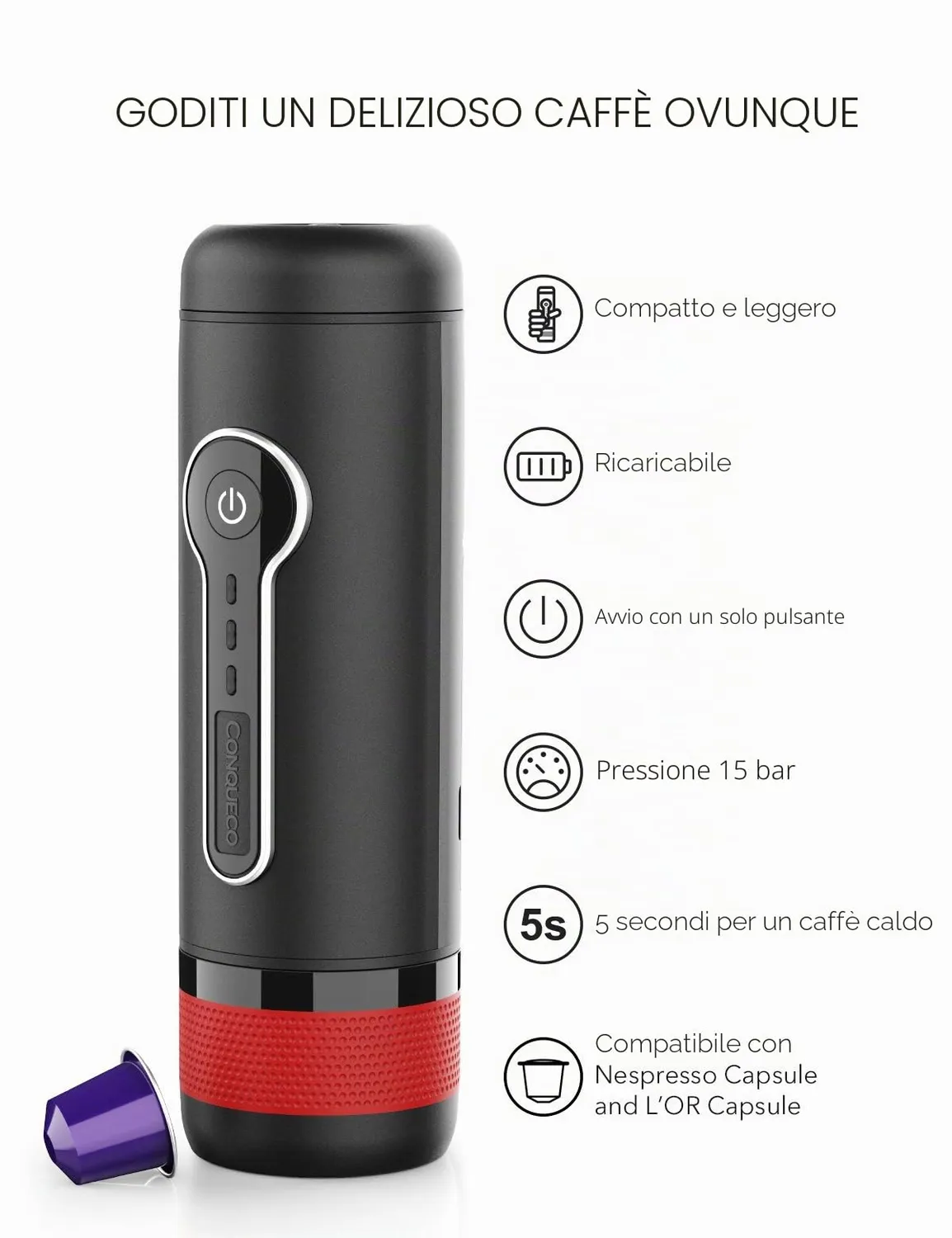Conqueco 12V macchina espresso portatile 15 bar con borsa