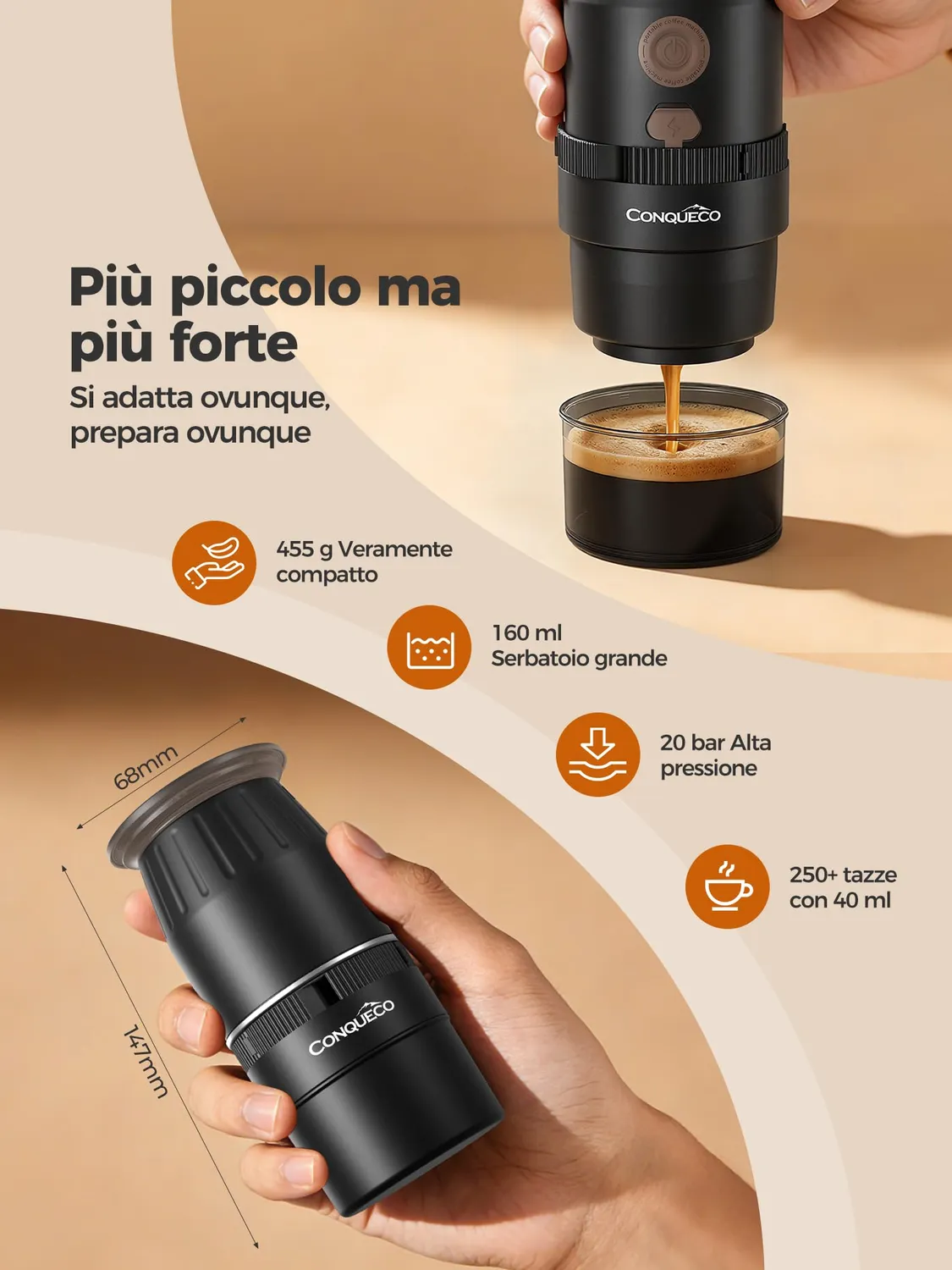Conqueco 2in1 macchina caffè portatile 160 ml
